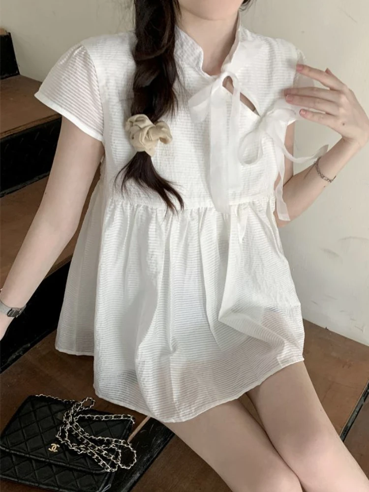 Chinese Style Blouses Women Elegant Summer Sweet Stand Simple Clothing Tender Casual Daily All-match Minority Fashion Girl 2023