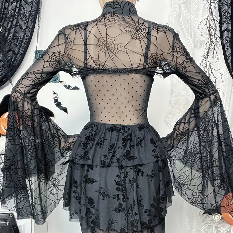 Vintage Spider Web Smock Shirts Spring Autumn Dark Gothic Flare Long Sleeve Female Clothing Stand Collar Halloween Short Blouse