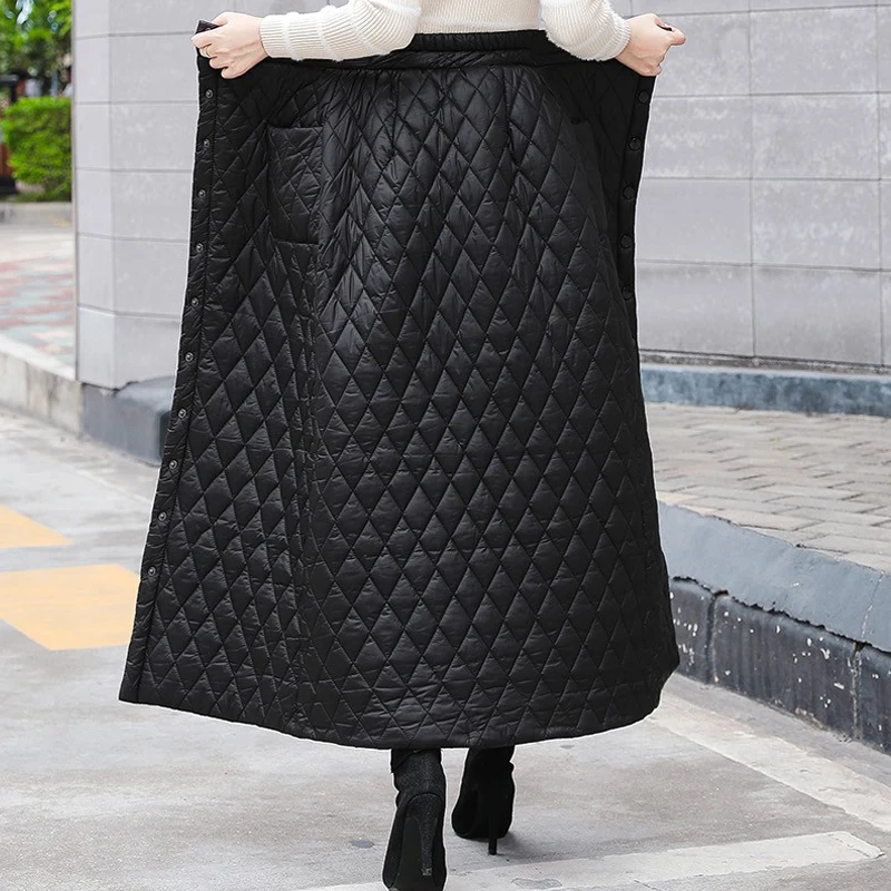 Black Plaid Down Cotton Plus Size High Waist Skirts Womens 2023 Winter Thick Button Loose Casual Long Skirt Fashion Streetwear