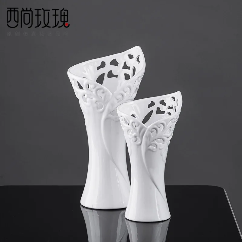 

White carved ceramic vase living room modern flower arrangement decorations dining table creative flower arrangement ornaments