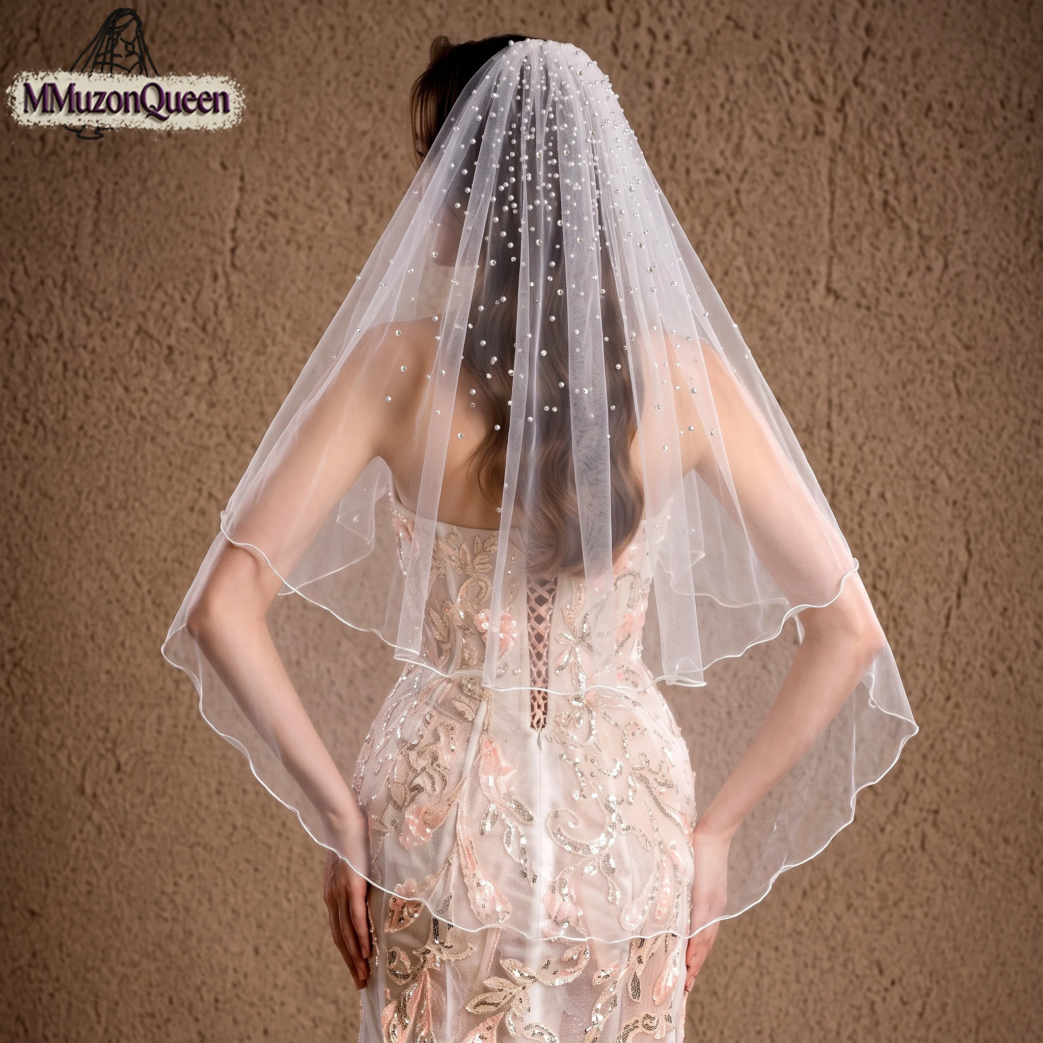 TOPQUEEN 2 Tier Beaded Wedding Veil White Tulle Bridal Veil With Wave Edge Short Fingertip Length Bride Hair Accessories M32