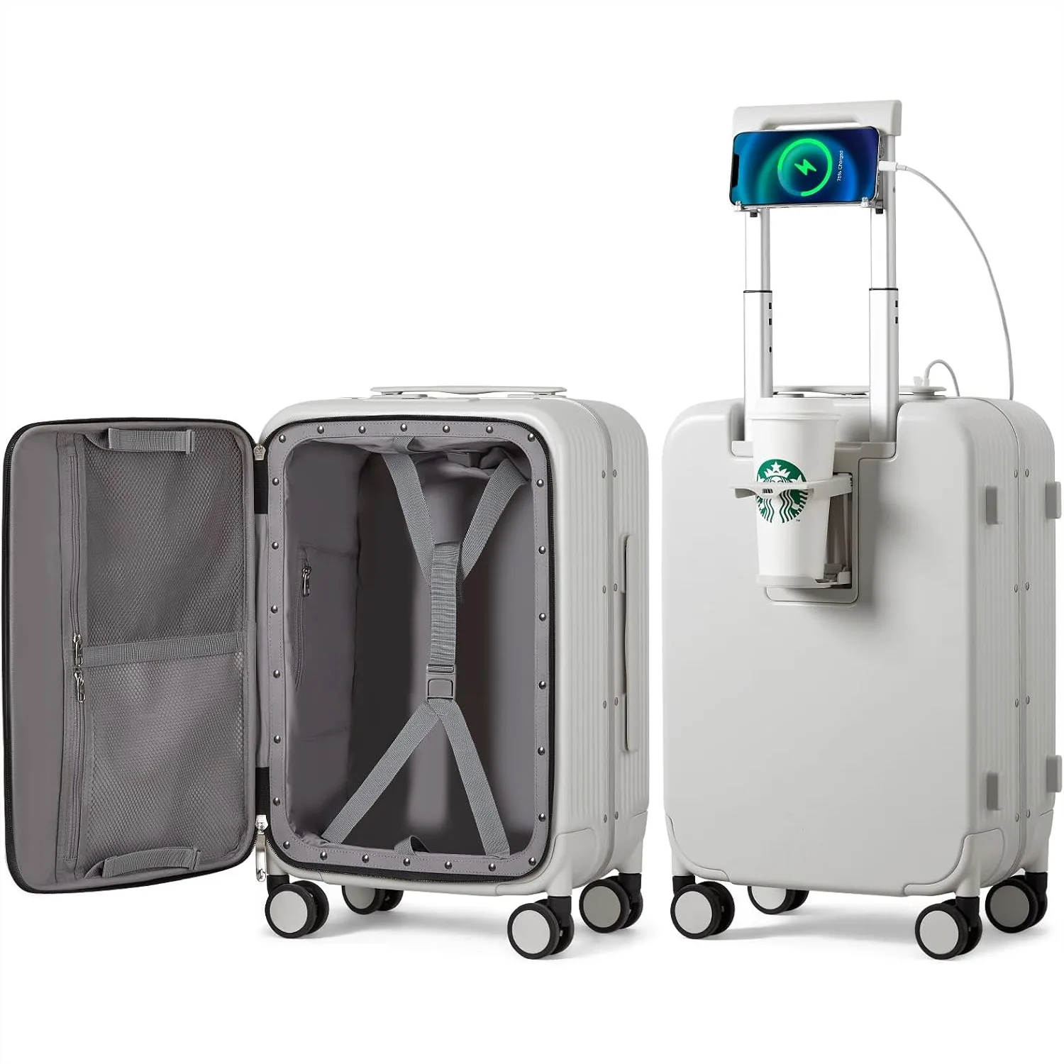 

Carry On Luggage with Cup Phone Holder and Charger, Hard Shell Suitcase with Spinner Wheels, 20 Inch Smoke White