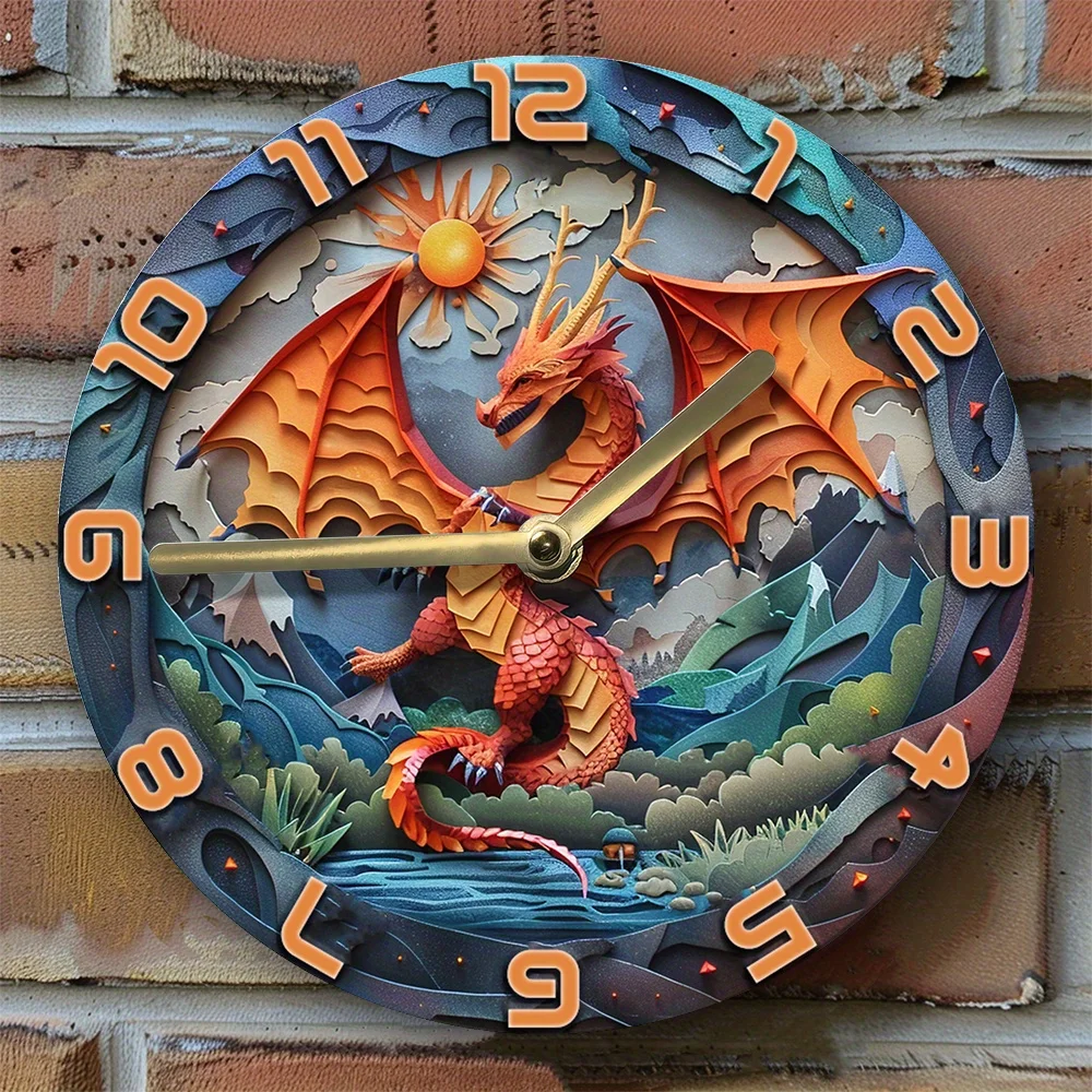 Silent Aluminum Wall Clock with Inferno Dragon Design - Perfect for Autumn & Thanksgiving Decor, Living Room Decoration