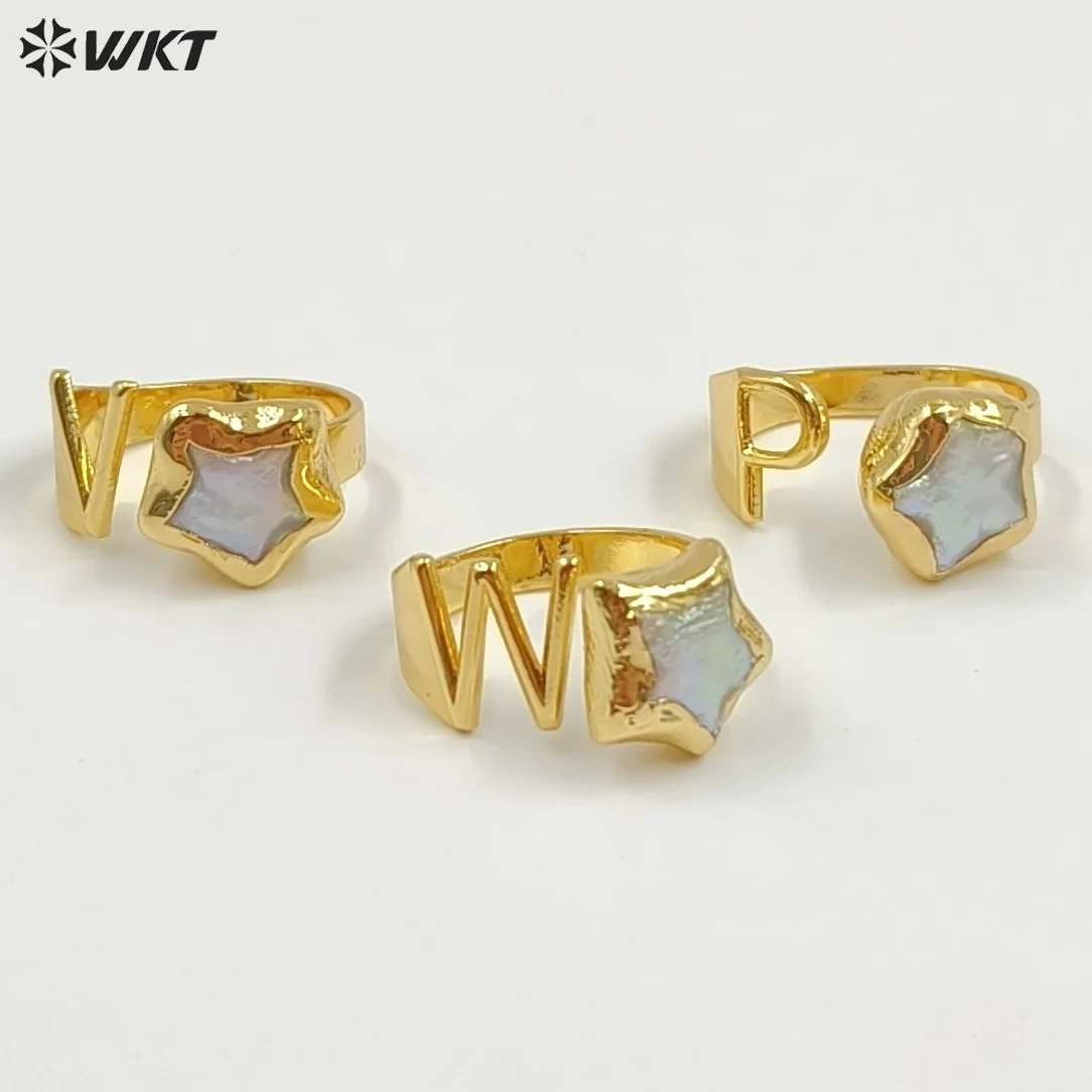 

WT-MPR158 Newest Unique Design Gold Electroplated Natural Freshwater Pearl Letter And Star Shape Rings For Women Daily Matching