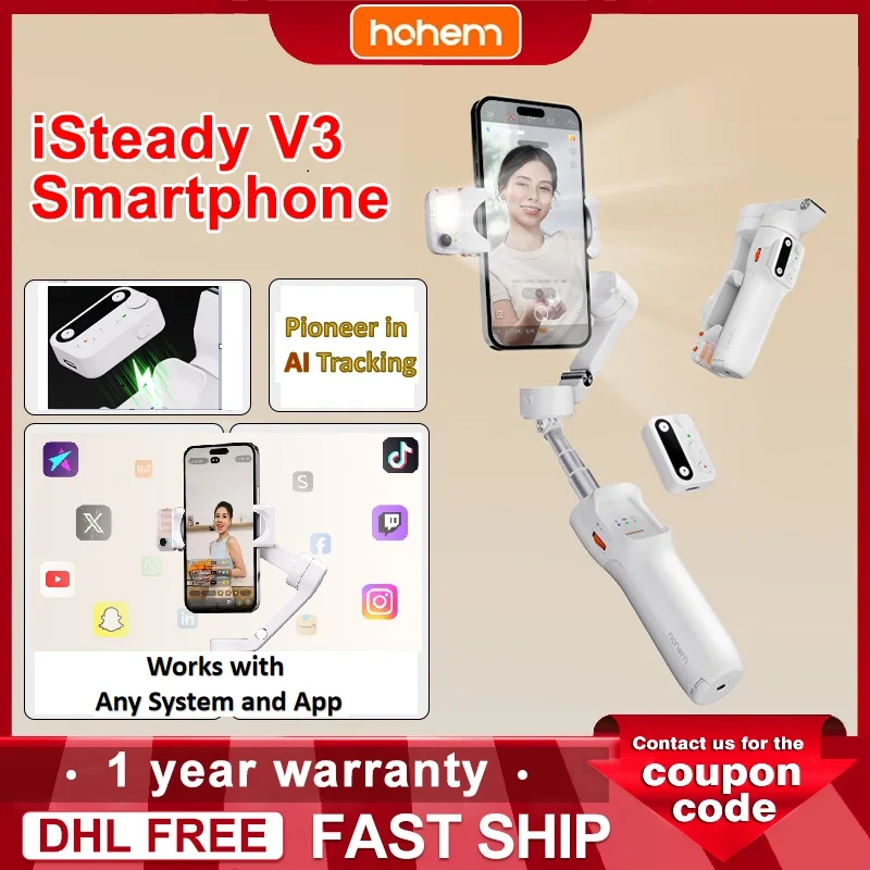 Hohem iSteady V3 Smartphone Stabilizer Ai Face Tracking 3-Axis Phone Gimbal Built-in Selfie Stick Portable for iPhone forSamsung