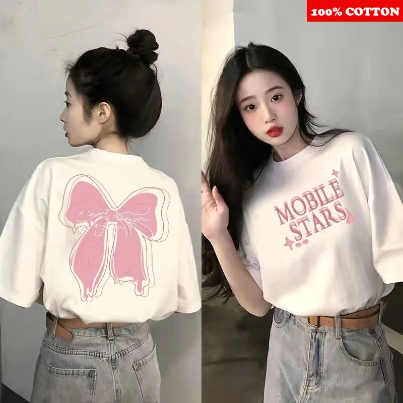 Korean Style short sleeve T-shirt Women Summer 2025 New 100% Cotton Flower Butterfly Print Tee Casual Y2k Tops Female clothing
