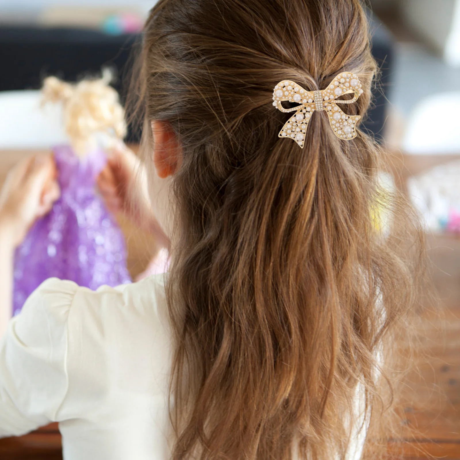 

Pearl Rhinestone Bow Hair Spring Clip Alloy Gold Silver Exquisite Detail Protect Hair for Woman Lady Daily