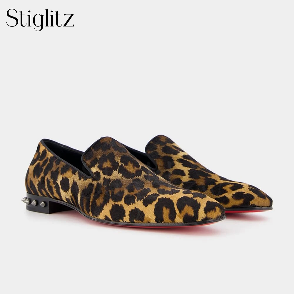 

Leopard Print Studded Heel Loafers Punk Style Dress Shoes for Men Satin Designer Handicrafted Slip on Elegant Shoes for Banquet