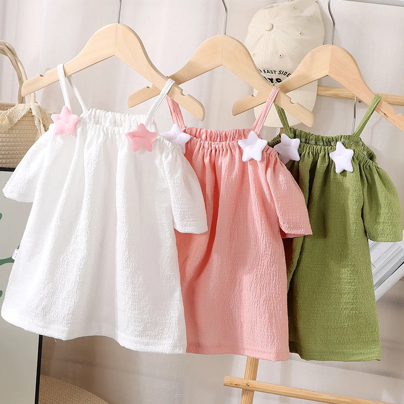 Summer Kid Girl T-shirt Strap Off Shouler Children Girl Blouse Tops Baby Girl Clothes Sweet Infant Outfit Toddler Tees A1230