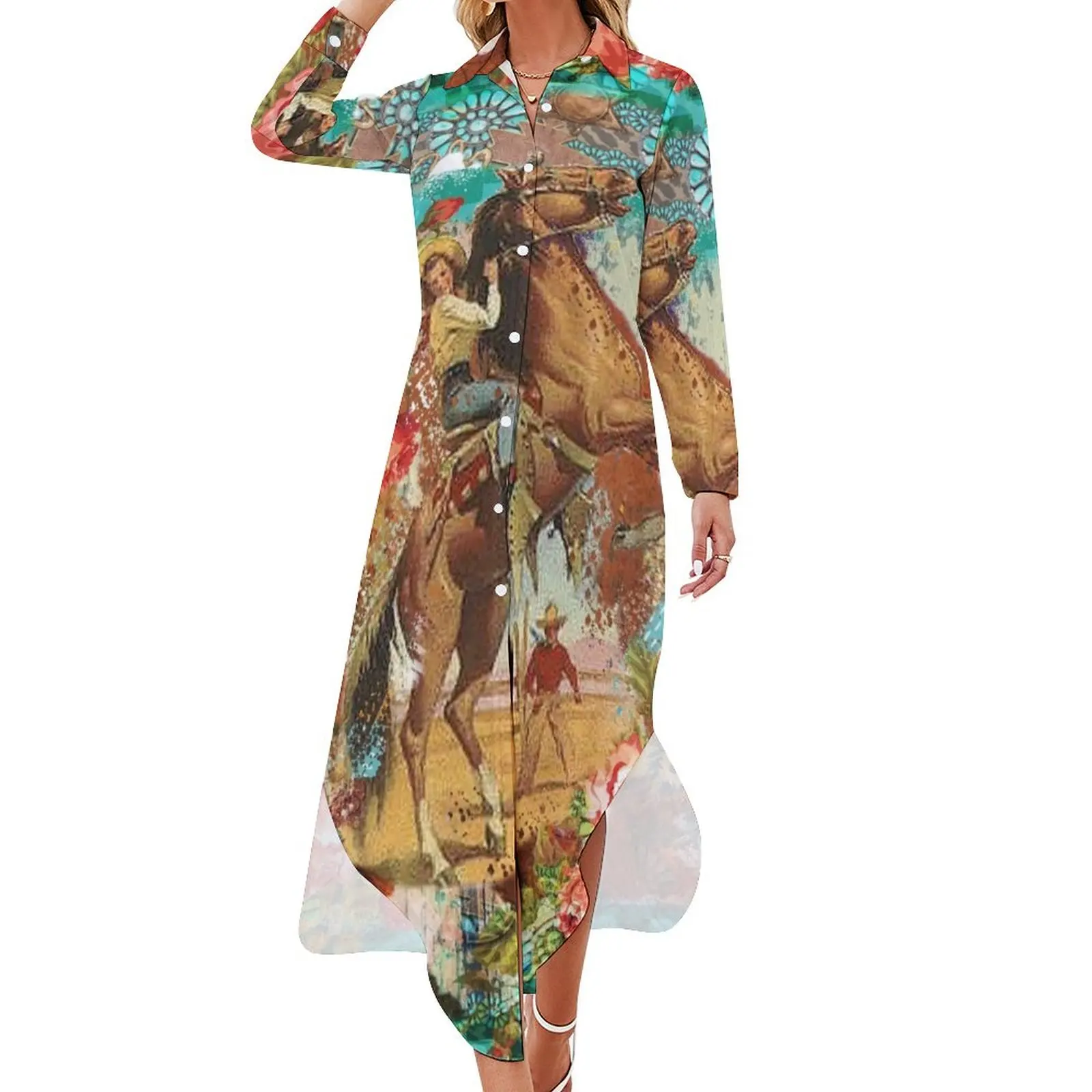 

Western Vintage Collage Long Sleeved Shirt Dress women party dresses party dresses women dresses for prom Women long dress