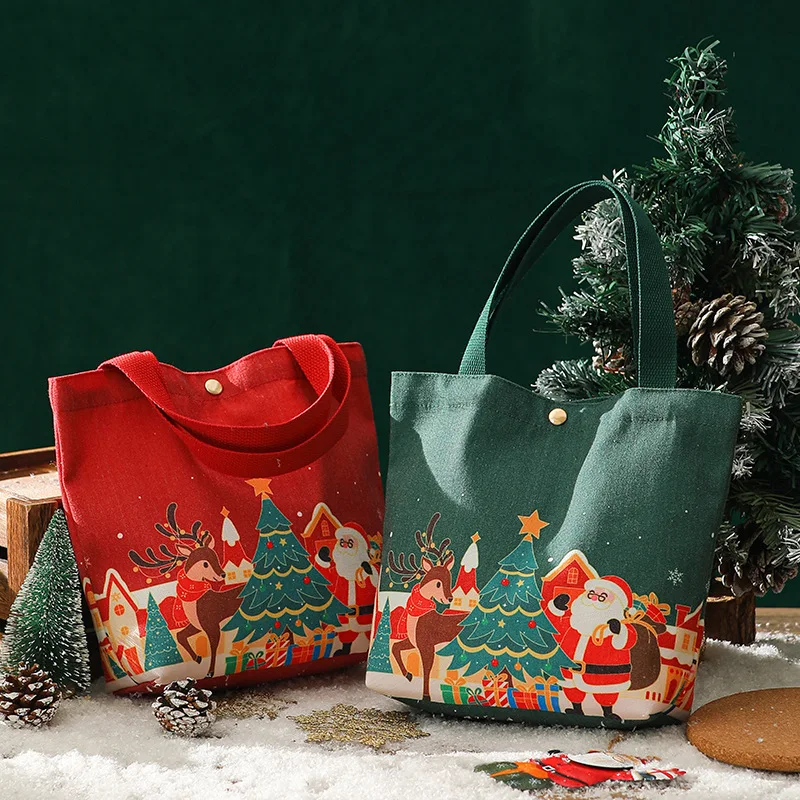 Christmas Portable Handbag Canvas Bag Christmas Eve Apples Gift Box Large Capacity Handheld Shopping Bag For Kids New Year Gift