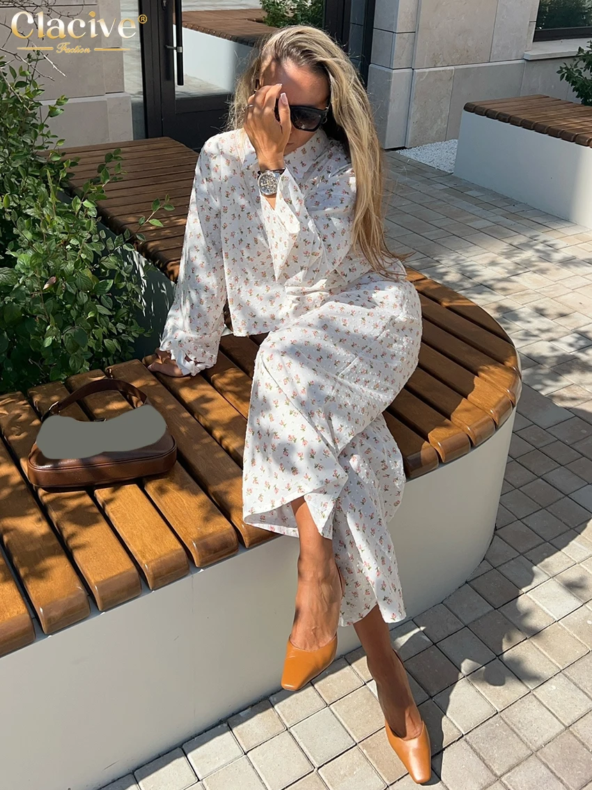 

Clacive Fashion Loose Cotton Women's Two Pieces Set 2025 Elegant Long Sleeve Shirt With High Waist Long Pants Set Streetwear