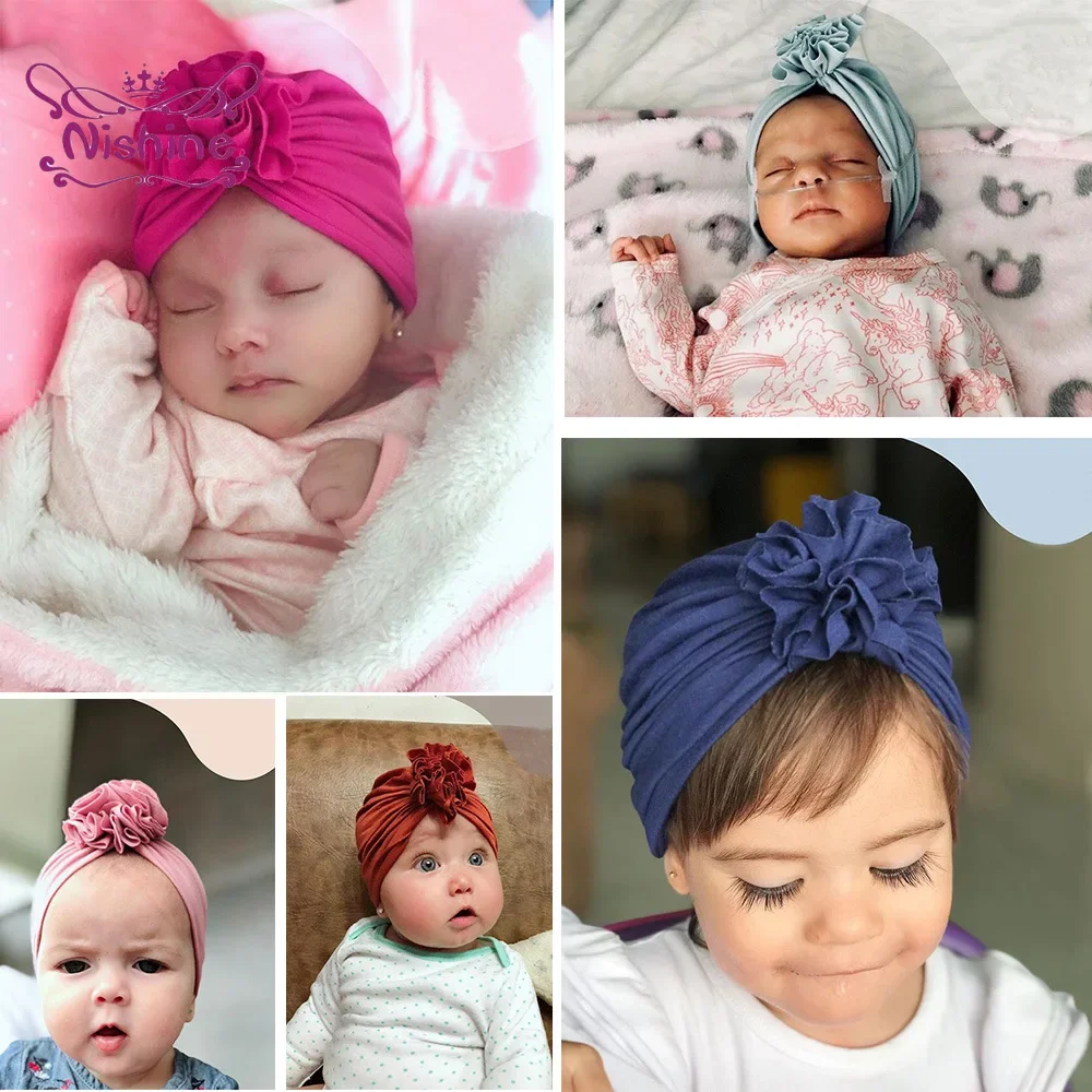 1PCS Baby Turban Hat with Pleated Flowers Cotton Newborn Beanie Kids Photo Props Girls Shower Gift Birthday Hats Headwear