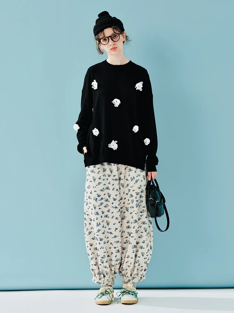 

Women's Black Sweater 3D Flower Patches Casual Daily Wear Playful Cute Vibe 244885