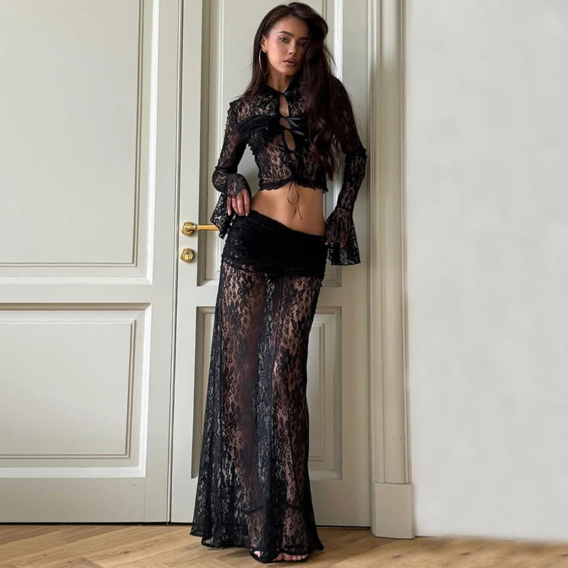 

Ticketsx Sexy Lace Patchwork Skirt Set Women's See Through Flare Sleeve Lace Up Top Ruched Skirt Set Lady Holiday Slim Dress Set