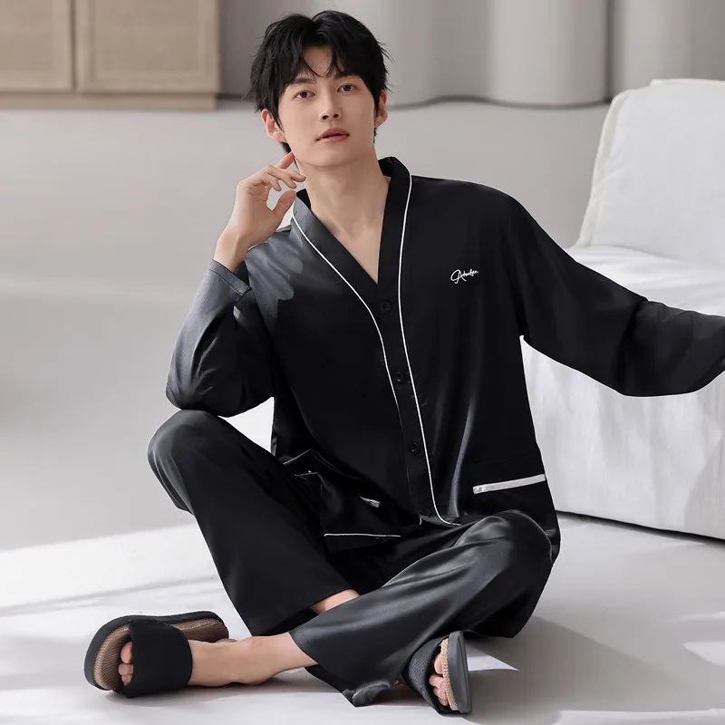 2026 New Mens Ice Silk Pajamas Long Sleeve Trouser Home Clothing Set Spring Large Size L-4XL Kimono Nightwear pyjamas men