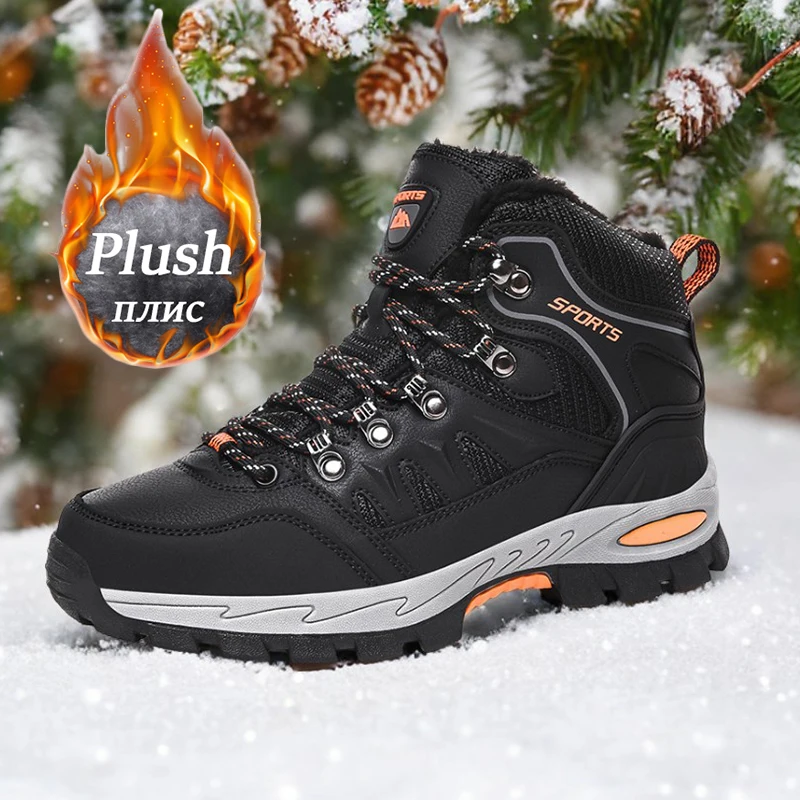 Men Brand Winter Snow Boots Women Waterproof PU Leather Sneakers Super Warm Couple Boots Plush Ankle Boots Autumn Big Size 36-47