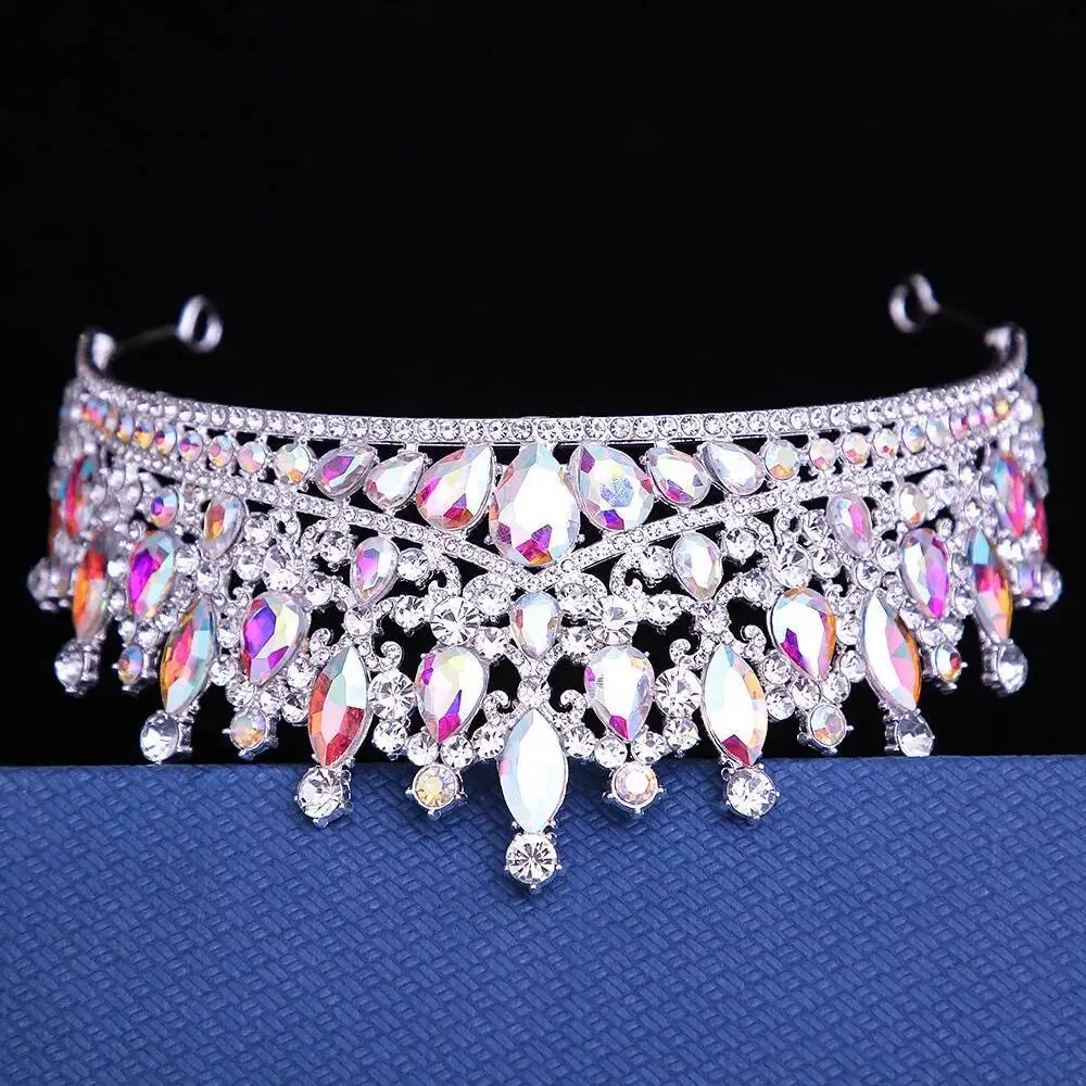 Royal Queen Tiaras Pink Crystal Wedding Crown Headband AB Color Rhinestone Bridal Headdress Bride Diadem Hair Accessories