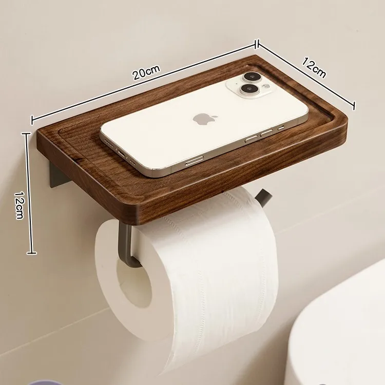 Natural Walnut Wood Shelf Toilet Tissue Holder, Wall Mount Heavy Duty Tissue Rack, Aluminum Alloy Bathroom Paper Holder