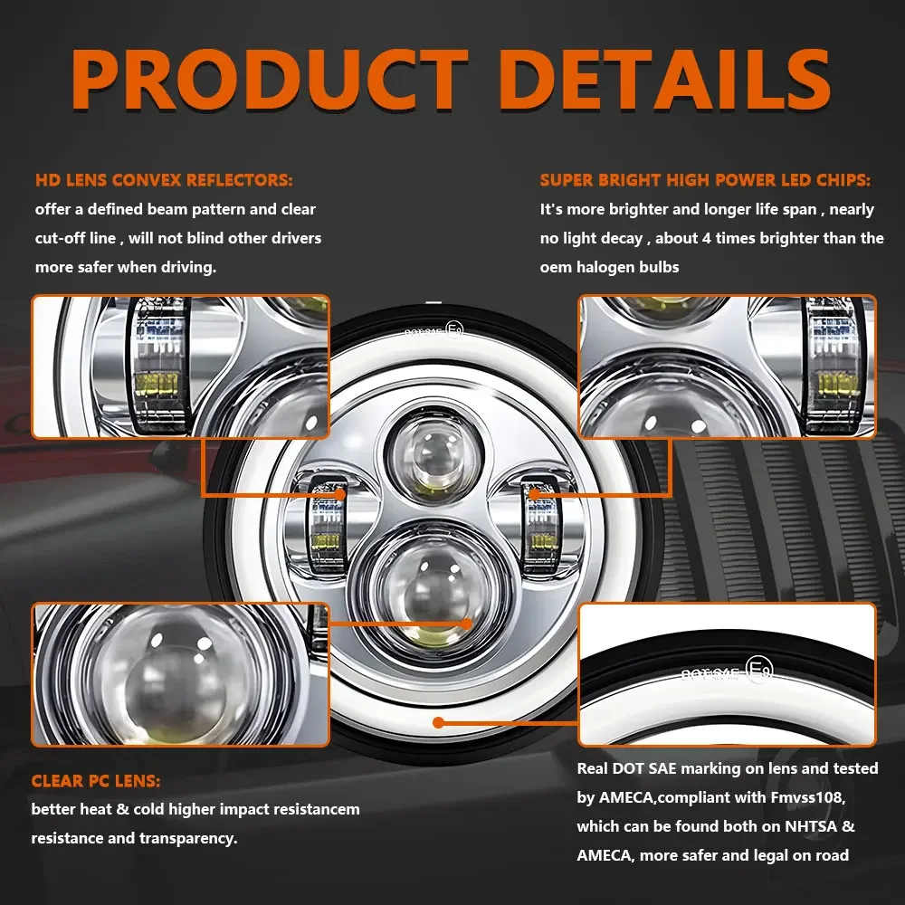 7 بوصة LED المصباح DRL زاوية عيون الطرق الوعرة 4x4 جيب رانجلر JK ل هارلي الجبهة كشافات عالية منخفضة شعاع دراجة نارية مصباح #5