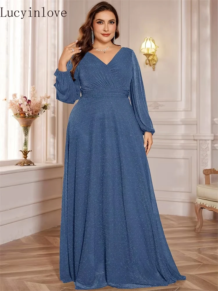 

Lucyinlove Роскошное синее блестящее вечернее платье с v-образным вырезом и длинными рукавами, элегантное женское платье макси для свадебной вечеринки, выпускного вечера 2025, коктейльные платья