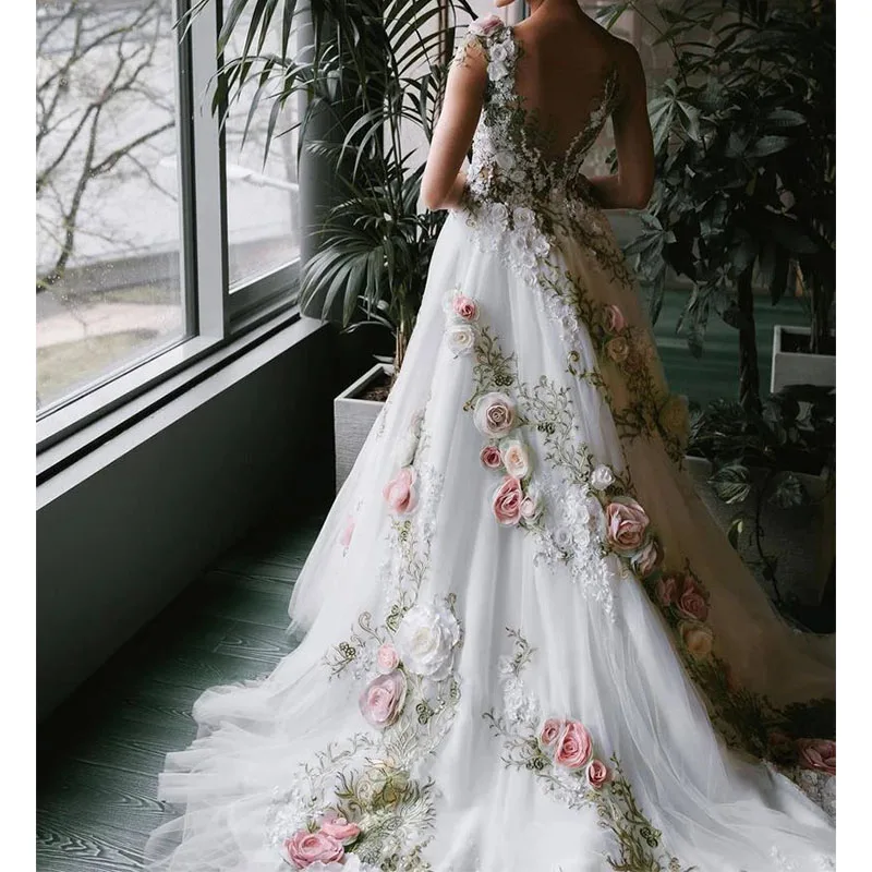 2022 lange Hochzeit Kleider Voll Blumen Brautkleider Abendkleider Party Kleider 3D Spitze Blumen Prom Kleider