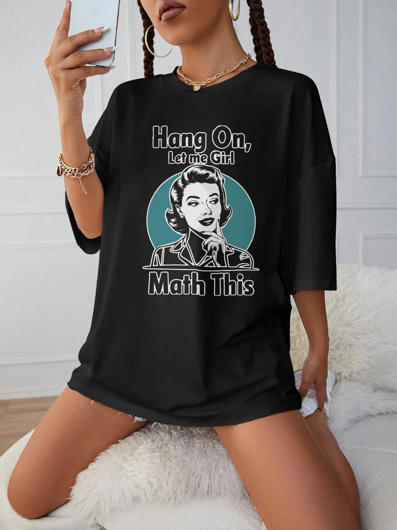 

Hang On Let me Girl Math This Черная женская рубашка с круглым вырезом больших размеров Удобная осенняя одежда Мягкая футболка на Хэллоуин Осень