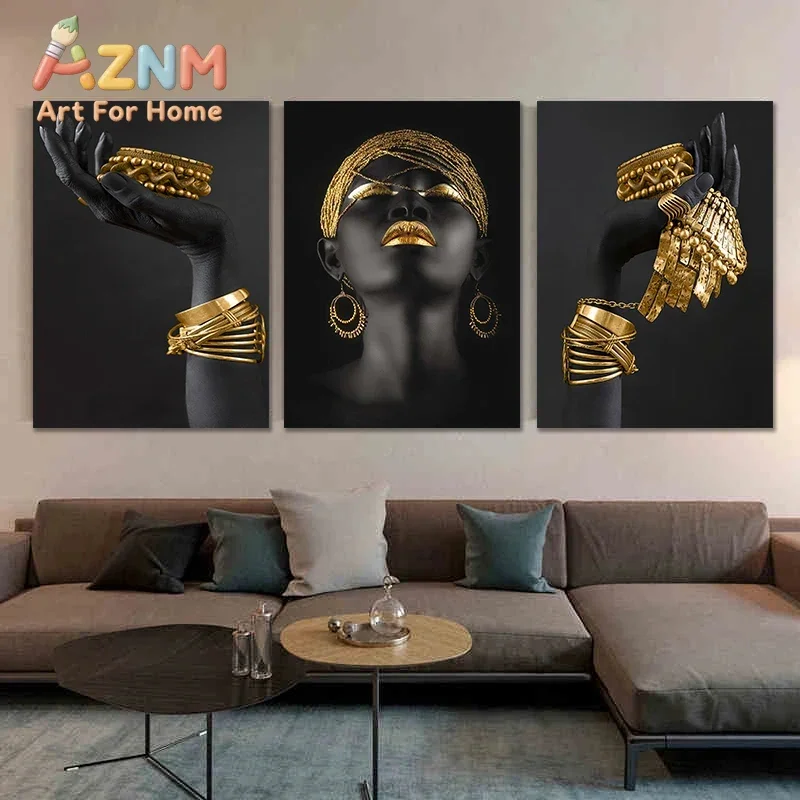 African Woman Wall Art Painting Posters And Print Big Black Woman Holding Gold Jewelry Canvas Picture For Living Room Home De