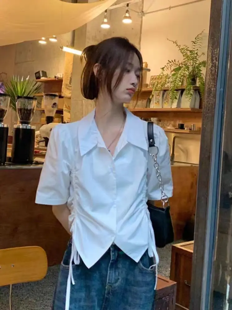 Kurzarmhemden Damen Mesh Plissee Biesenärmel Hemd Herbst Fairycore Niedlich Kawaii Student Künstlerisch Jugendlich Feminin