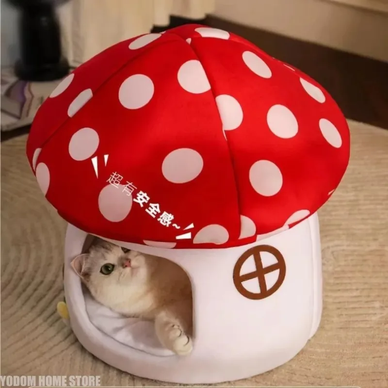 Adorable Half-Enclosed Mushroom Pet Bed, Cozy Sleeping Hiding Cave, Multifunctional Cat House Accessory for Cats and Small Dogs