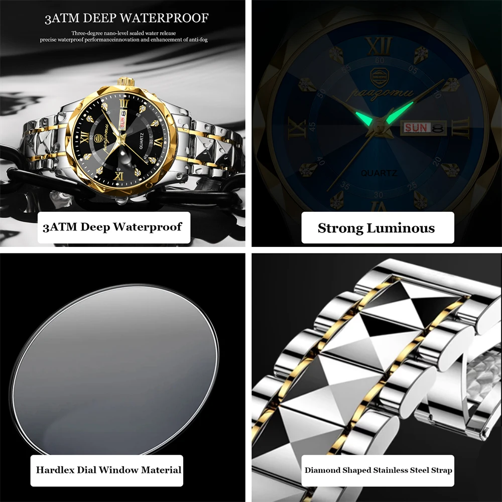 PAAZOMU ساعة كوارتز رجالية فاخرة مقاوم للماء تاريخ الأسبوع مضيئة ساعة اليد الفولاذ المقاوم للصدأ ساعات رجالية ساعة رجالية رياضية Reloj