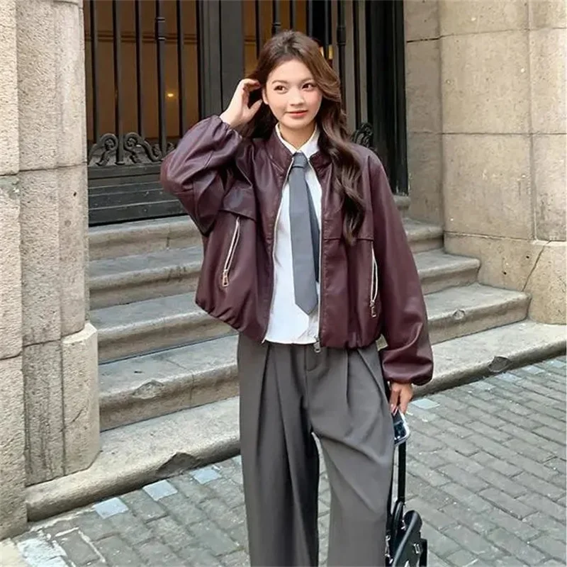Herfst 20256 Damesjas Casual Opstaande Kraag Lange Sve Kunstleer Jaet Veelzijdige Bovenkleding Ele Ladylike Sle