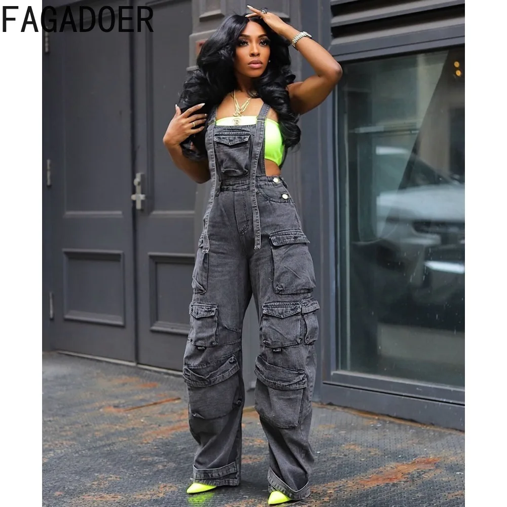 FAGADOER Fashion Strap Jeans Jumpsuits Women Strap Sleeveless Hollow Pocket Cargo Pants Playsuit Female Denim Overall Streetwear