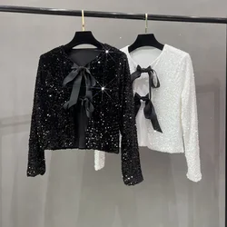 Korean version name Warm air short version Small fragrant sequins Small suit Light ripe wind BINGBING bead lace-up bow top