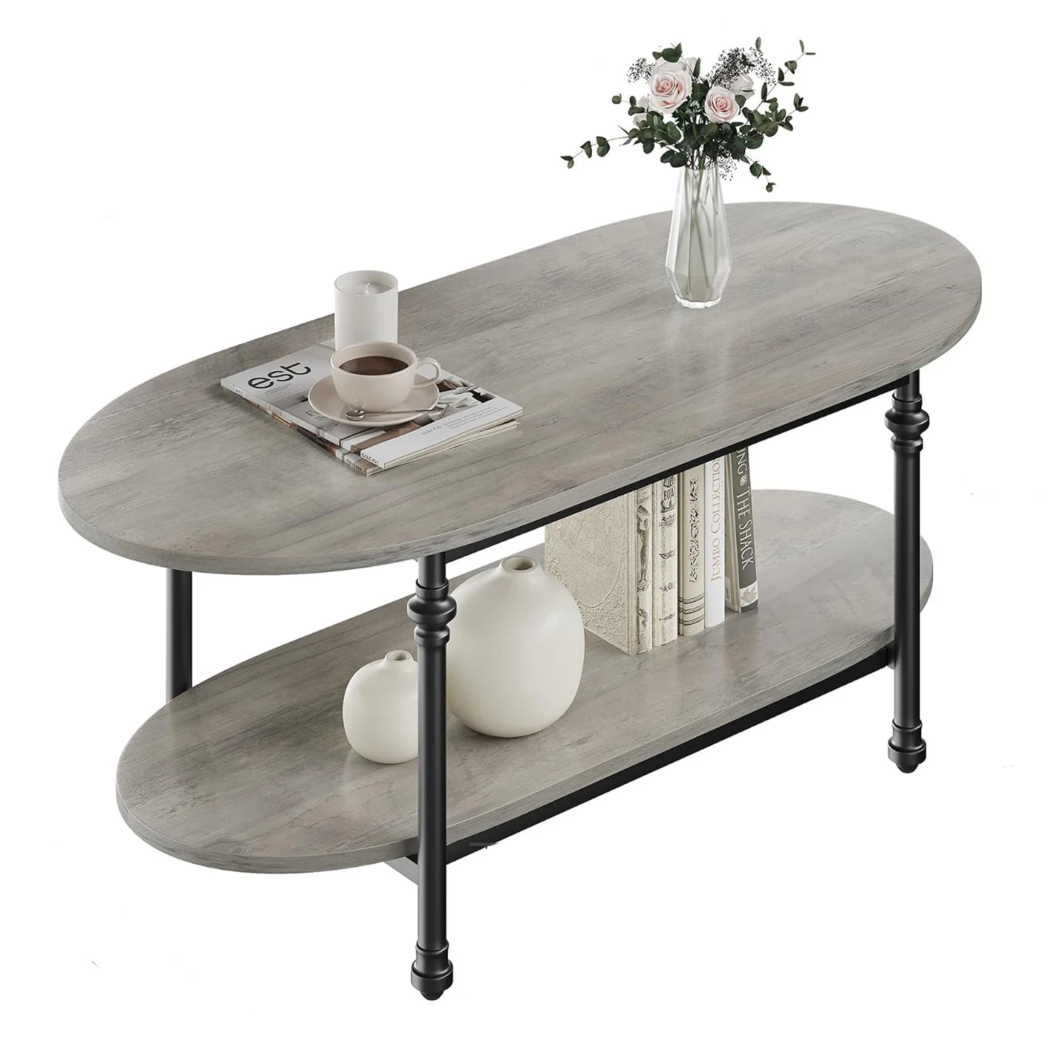 2-Tier Oval Coffee Table with Open Shelf, Industrial Wood Top & Roman Column Metal Legs – Modern Farmhouse Center Table for Living Room, Bedroom, Office