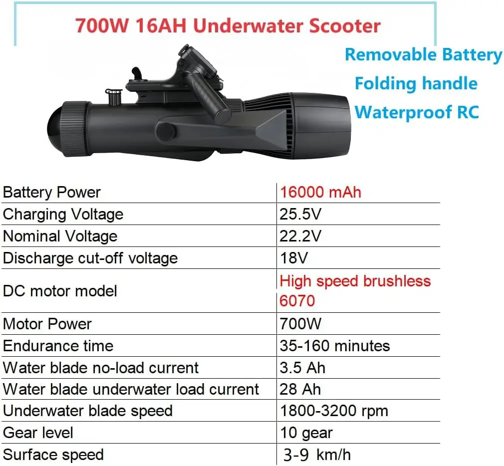 카몰렉 16000mAh 듀얼 배터리 수중 스쿠터 700W 성인용 수영 다이빙 SUP 모터