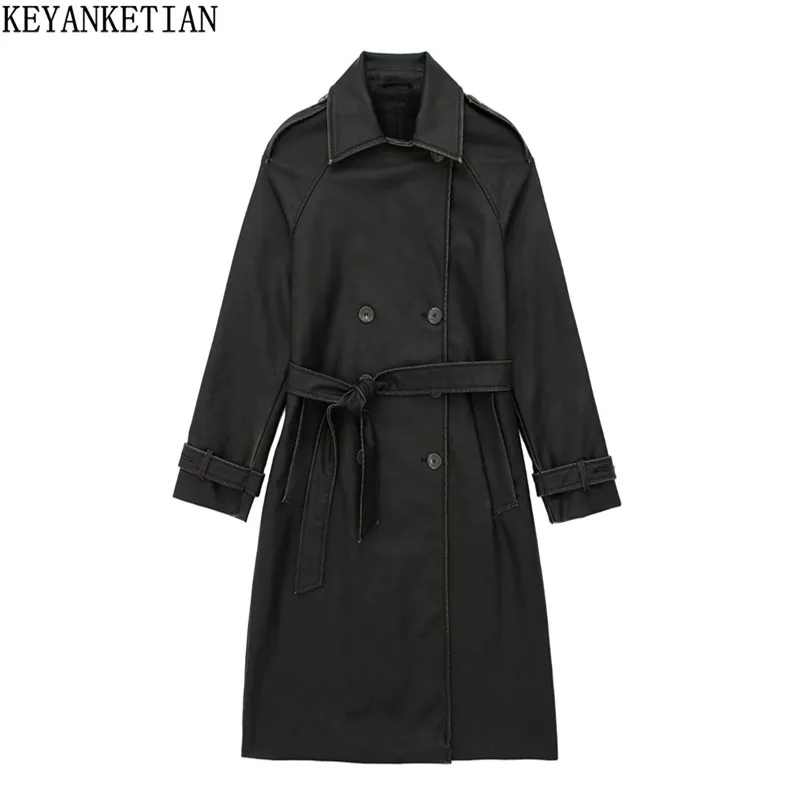 

KEYANKETIAN Autumn/Winter New Women's Artificial Leather Trench Notched Collar Sashes Decoration Double Breasted Casaco Feminino