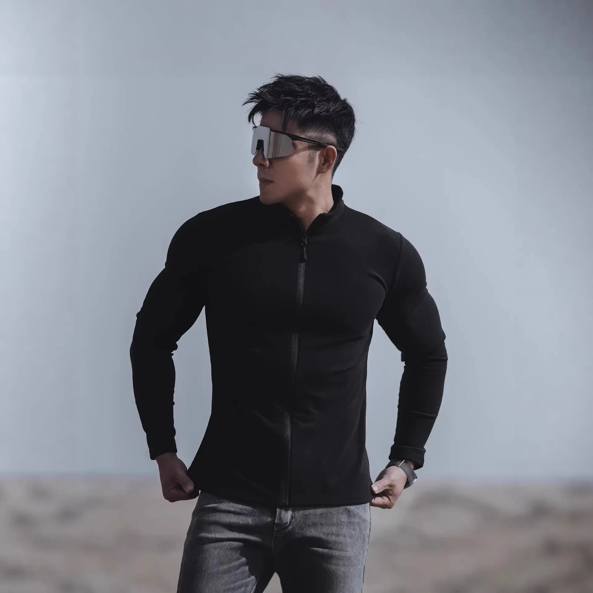 Men's Fitness Long Sleeve Slim Fit Base Shirt Full Zip Casual Sport Inner Wear American Style Thickened Polyester T-Shirt
