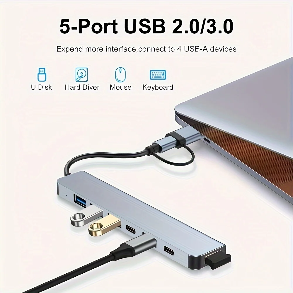 분배기 카드 리더기가 있는 7 in 1 USB 허브, USB C 포트, USB 3.0 / 2.0, SD/TF 분배기 카드 리더, 도킹 스테이션