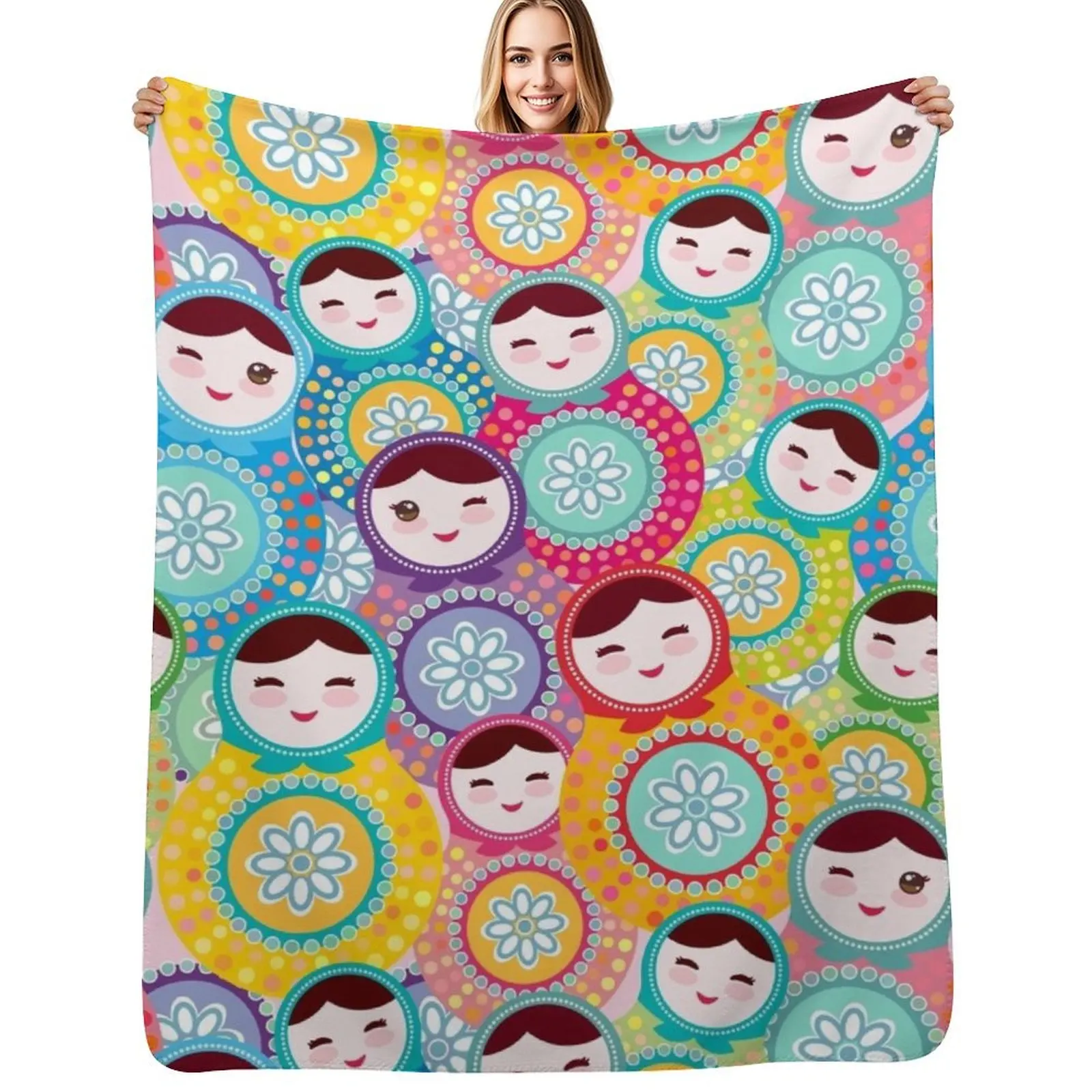 

Russian dolls matryoshka, pink blue green colors colorful bright, seamless pattern Throw Blanket Sofas anime Blankets