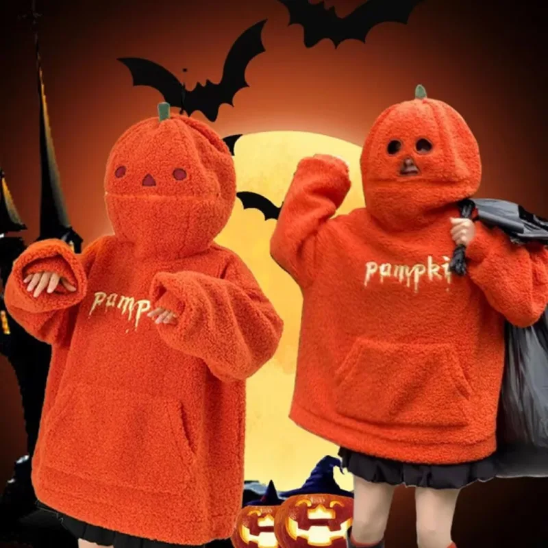 

New Halloween Pumpkin Head Creative Hoodie 2024 Winter Imitation Lamb Wool Comfortable Plush Classic Hoodie Holiday Party Decor