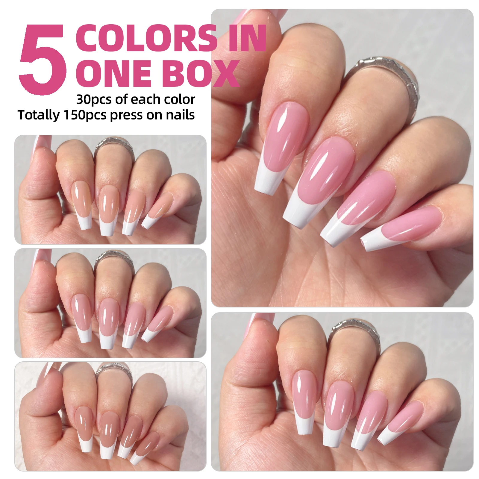 150PCS Coffin Almond Soft Gel Press on Nails 3 in 1 French Nail Tips Removeable 15 Sizes of Nail Art With Design DIY False Nails