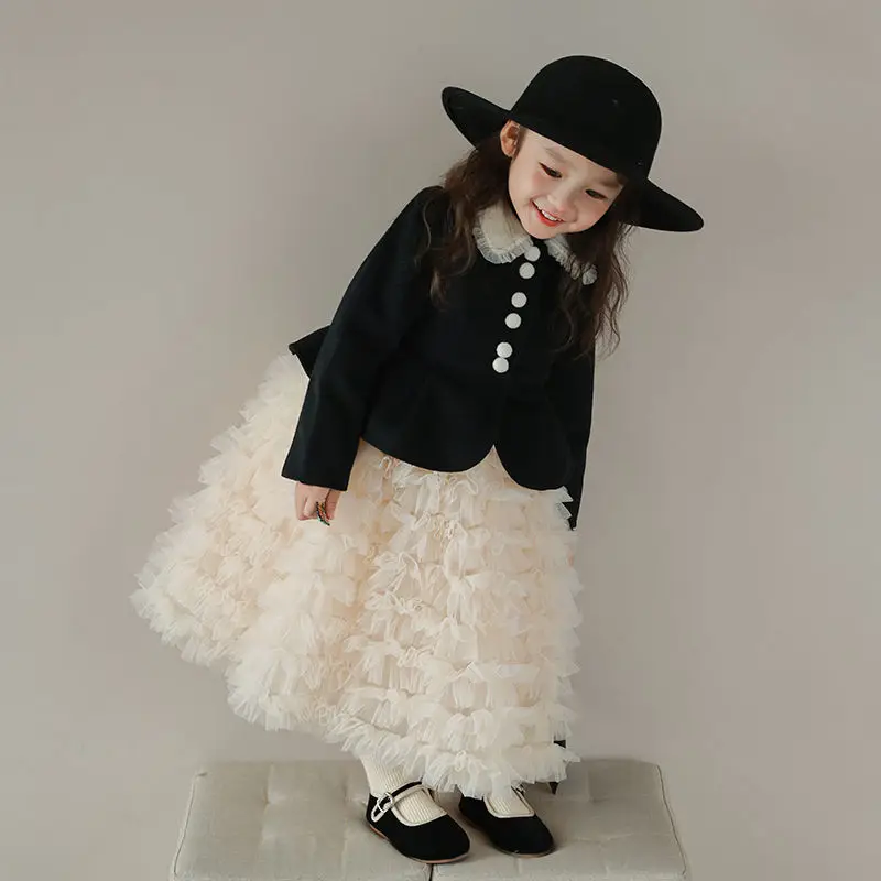 Kids Girls Princess 2pcs Clothes Set Autumn Winter Children layering Dress Black Coat Outwear+Cake skirt Wedding Elegant Suit
