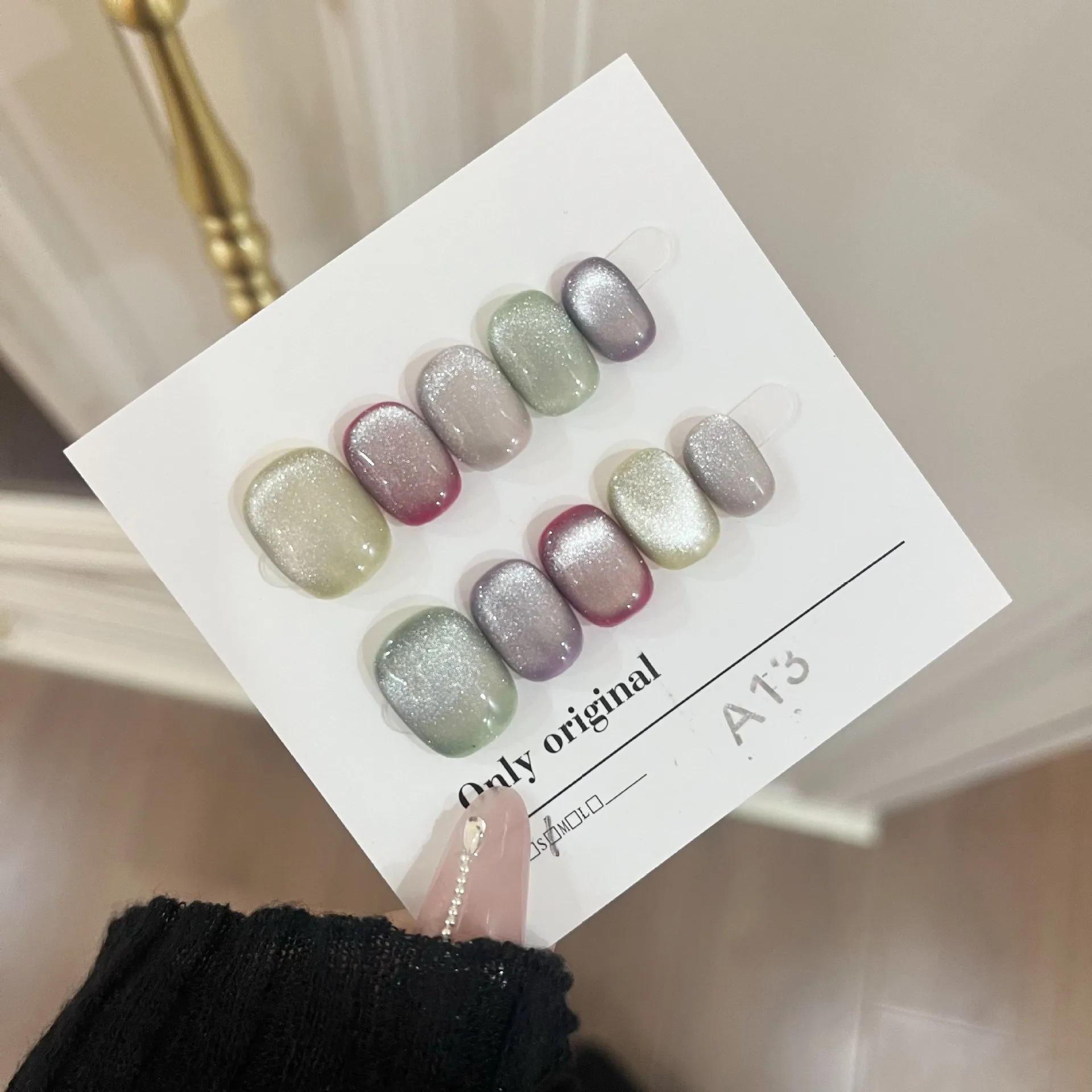 10PCS Colorful Short Square Round Handmade Press on Nails Simple Glitter Pure Cat Eye False Nails for Girls Women Sweet Manicure