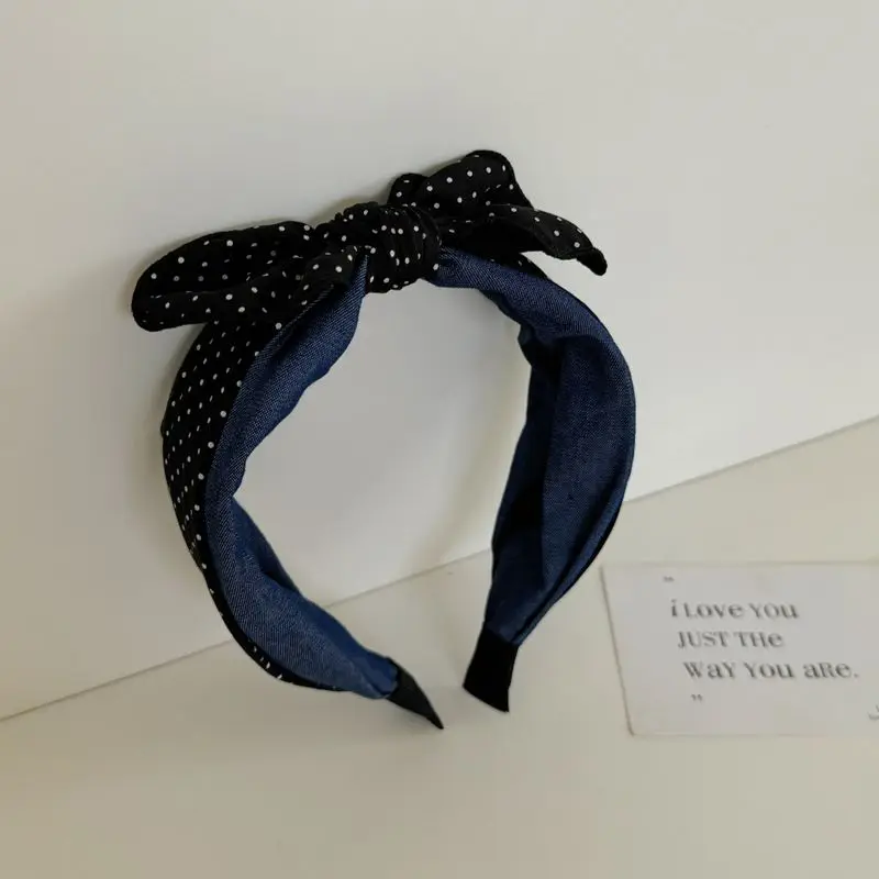 1pc Korean new polka dot denim bow wide edge headband collision sweet headband compression hair hairpin for women view 6