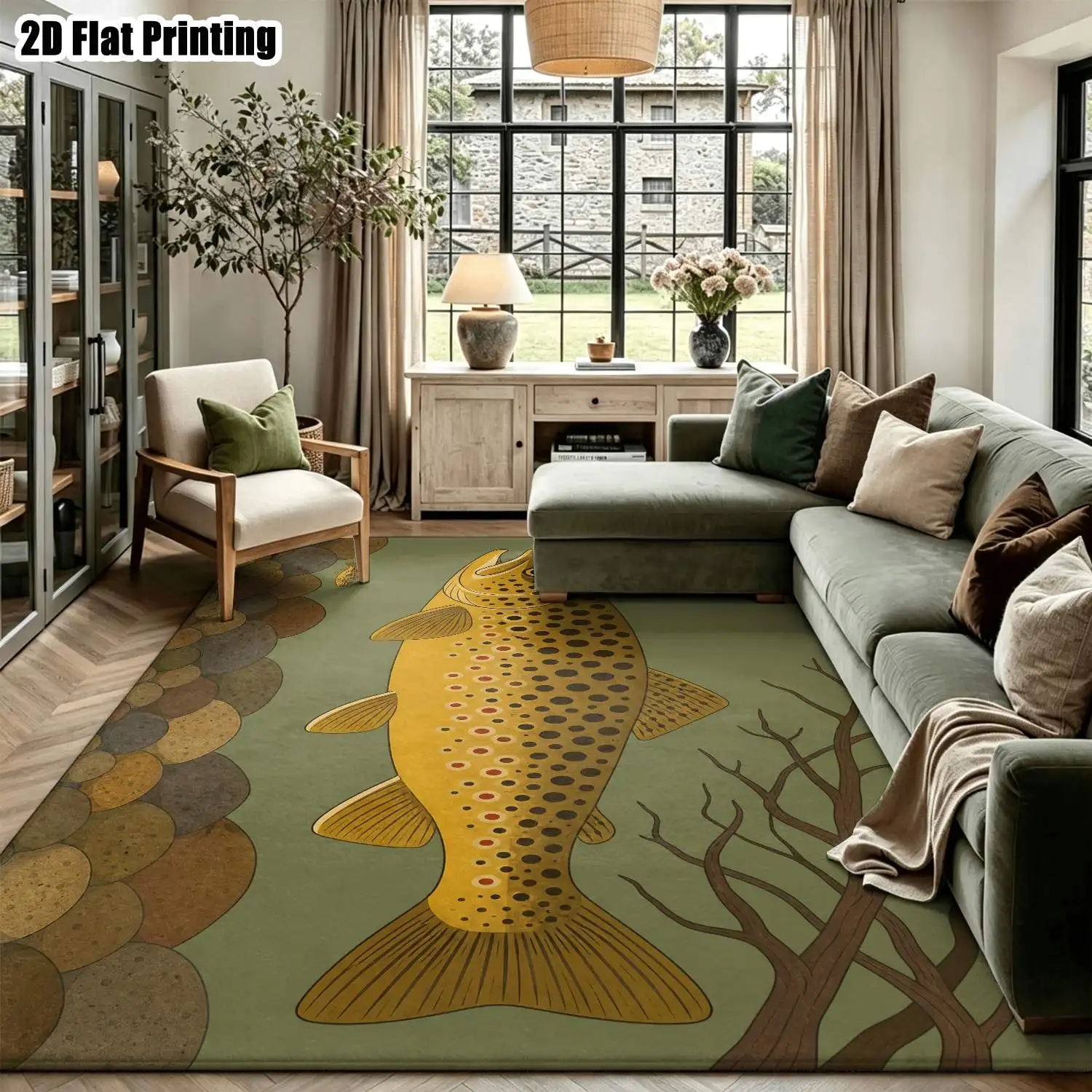 1Pc 2D Printed Carpet: Yellow-Green Fish Pattern, Nordic/Modern Minimalist/Instagram Style, Machine Washable, Multi-Size, Home Decor, Suitable for Entrance, Living Room, Bedroom, Dining Room, Foyer