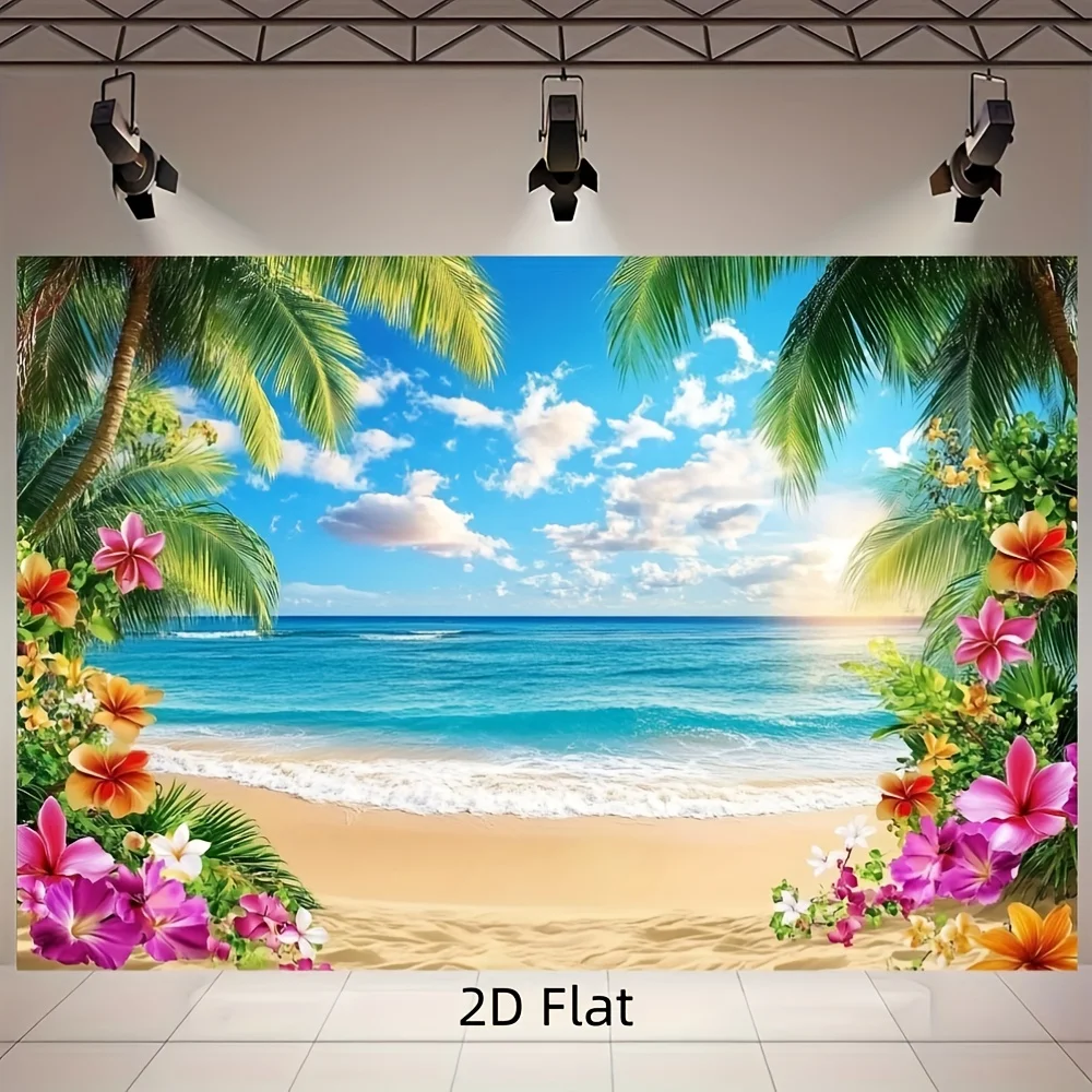 2D Flat Banner 1 Piece Aloha Beach Party Background From Hawaii Vibrant Tropical Beach Scene With Palm Trees And Flowers
