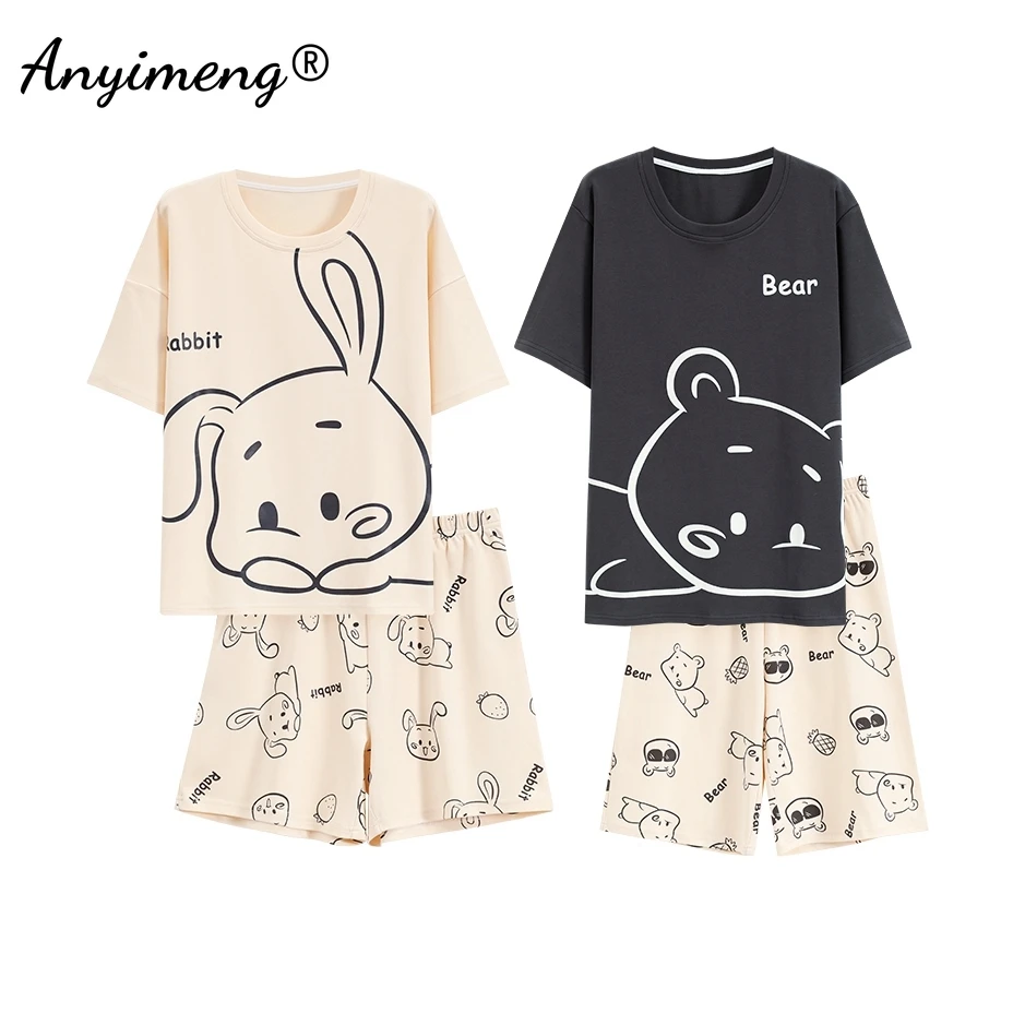 100% Cotton Soft Cotton Kawaii Cartoon Sleepwear for Lovers Summer New Fashion Short Sleeve Short Pants Couple\'s Pajamas