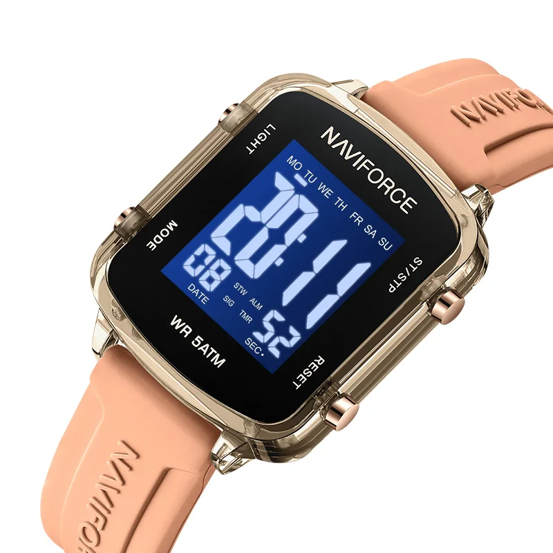 NAVIFORCE Girl's Wristwatch Sports Waterproof LCD Display Watch Silicone Strap Lady's Simple Square Calendar Electronic Watches