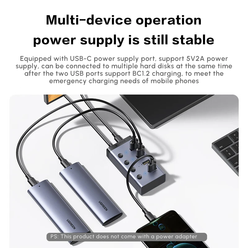 محور USB 3.0 يعمل بالطاقة UGREEN، محول USB ذو 7 منافذ مع 4 منافذ شحن ذكية، مقسم USB مع مفاتيح تشغيل/إيقاف LED فردية